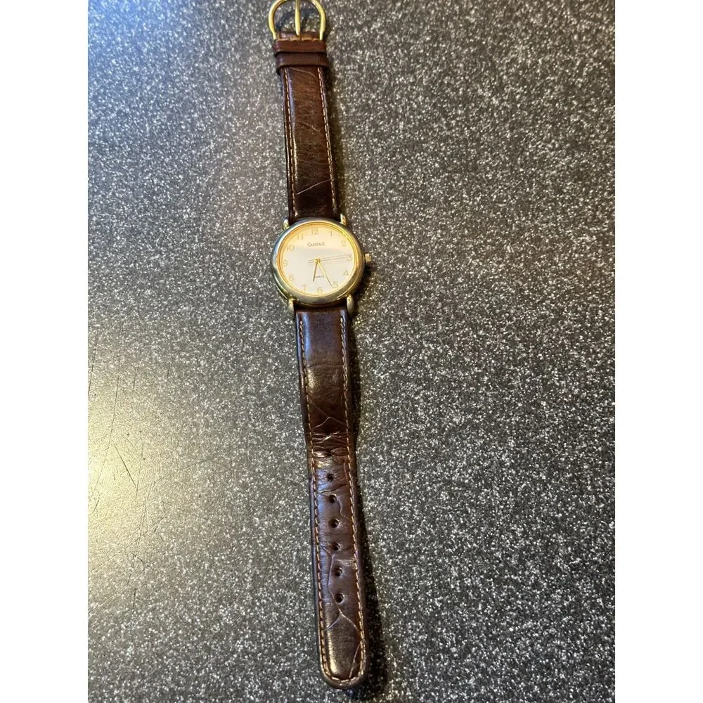 Vintage Carriage by Timex Two Tone Quartz Watch Brown Leather Strap Untested